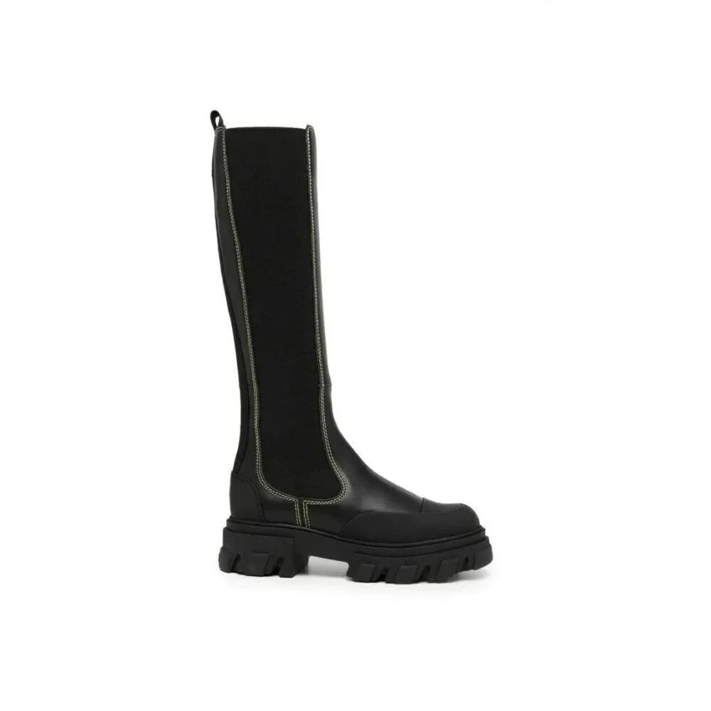 Ganni Women's Black Leather Knee High Chelsea Boots Size 35 EU (MSRP $595)